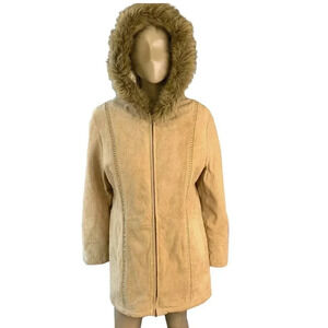 Wilsons Leather Suede Hooded Trench Coat Jacket Women Size L Tan Heavy Weight